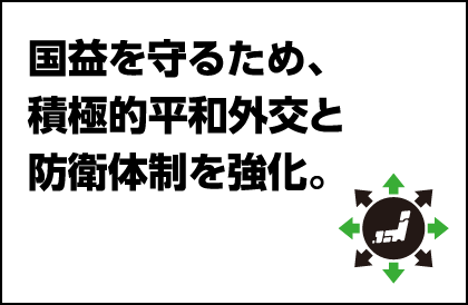 国益を守るため、積極的平和外交と防衛体制を強化。