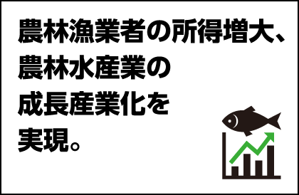 農林漁業者の所得増大、農林水産業の成長産業化を実現。